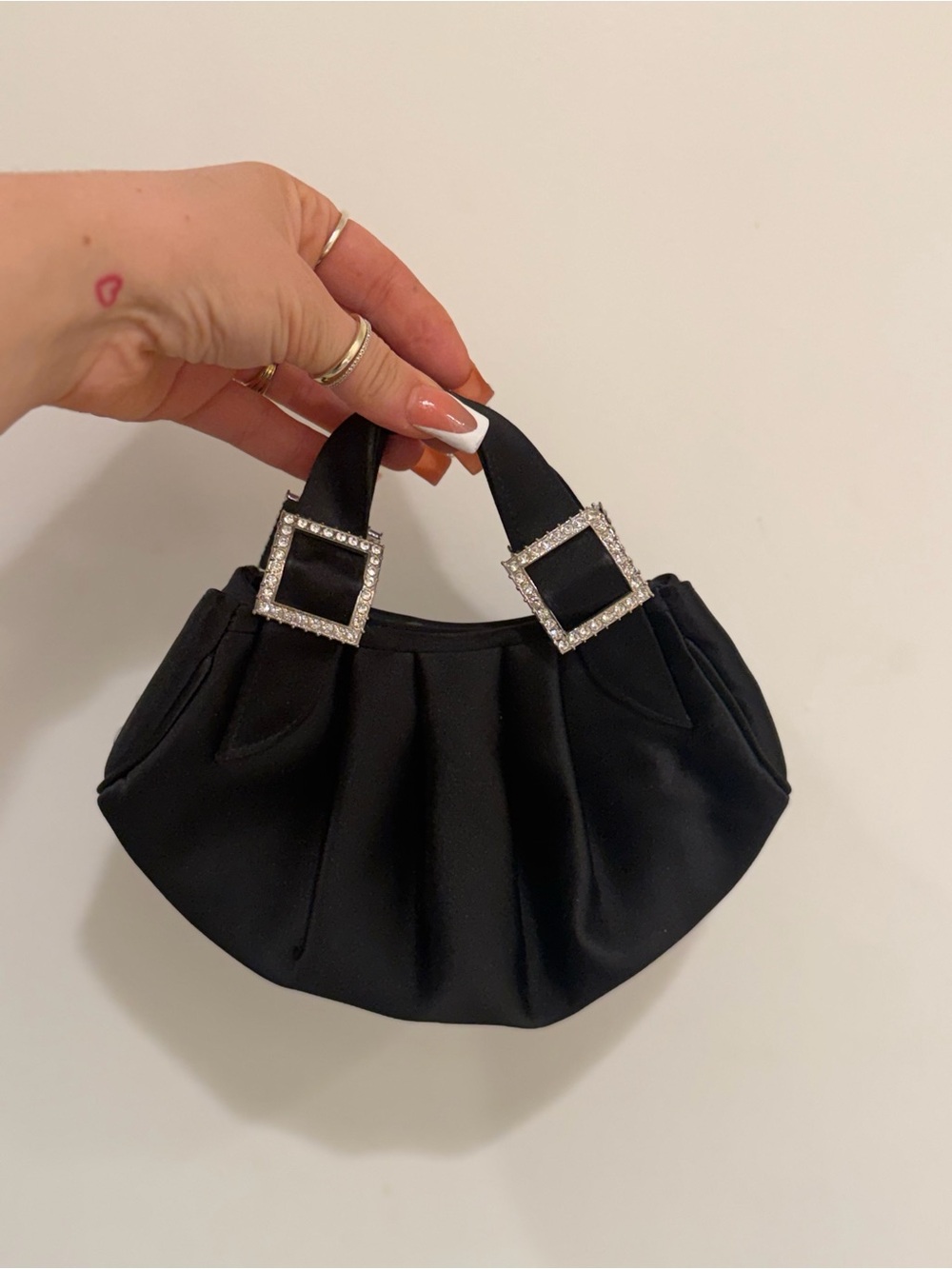 Black Satin Mini Bag with Crystal Buckle Handles